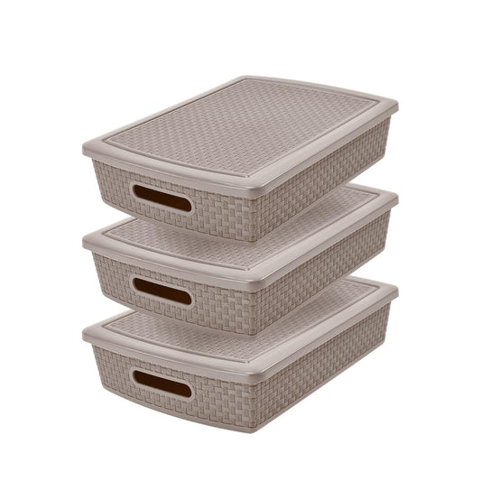 Guateplast Set de 3 Cestas Rectangulares 12 L | Beige, 37 x 29 x 9 cm, con tapa, plástico apilable, diseño ratán