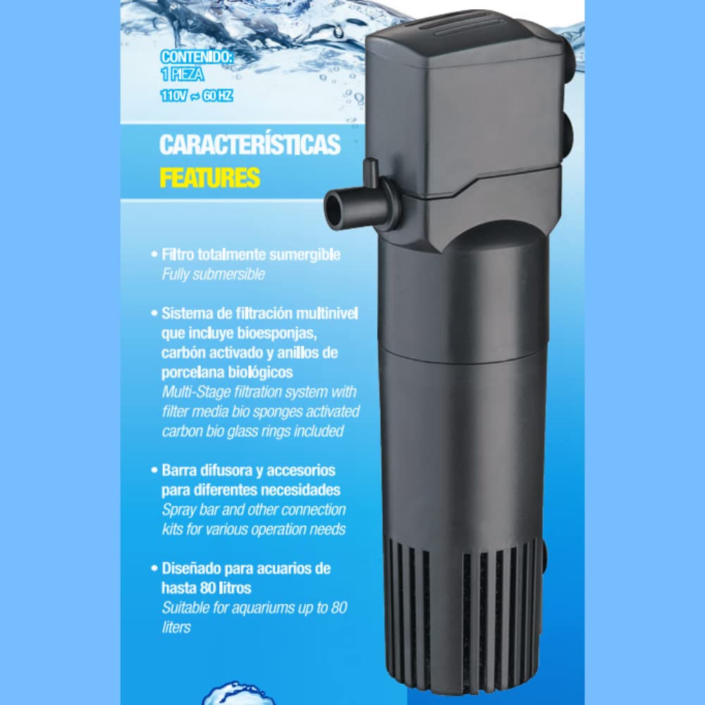 Lomas Filtro Interno Aqua-Jet 500 para Acuarios hasta 80 litros, 480 l/h, Compacto y Silencioso con Filtración Mecánica, Biológica y Química