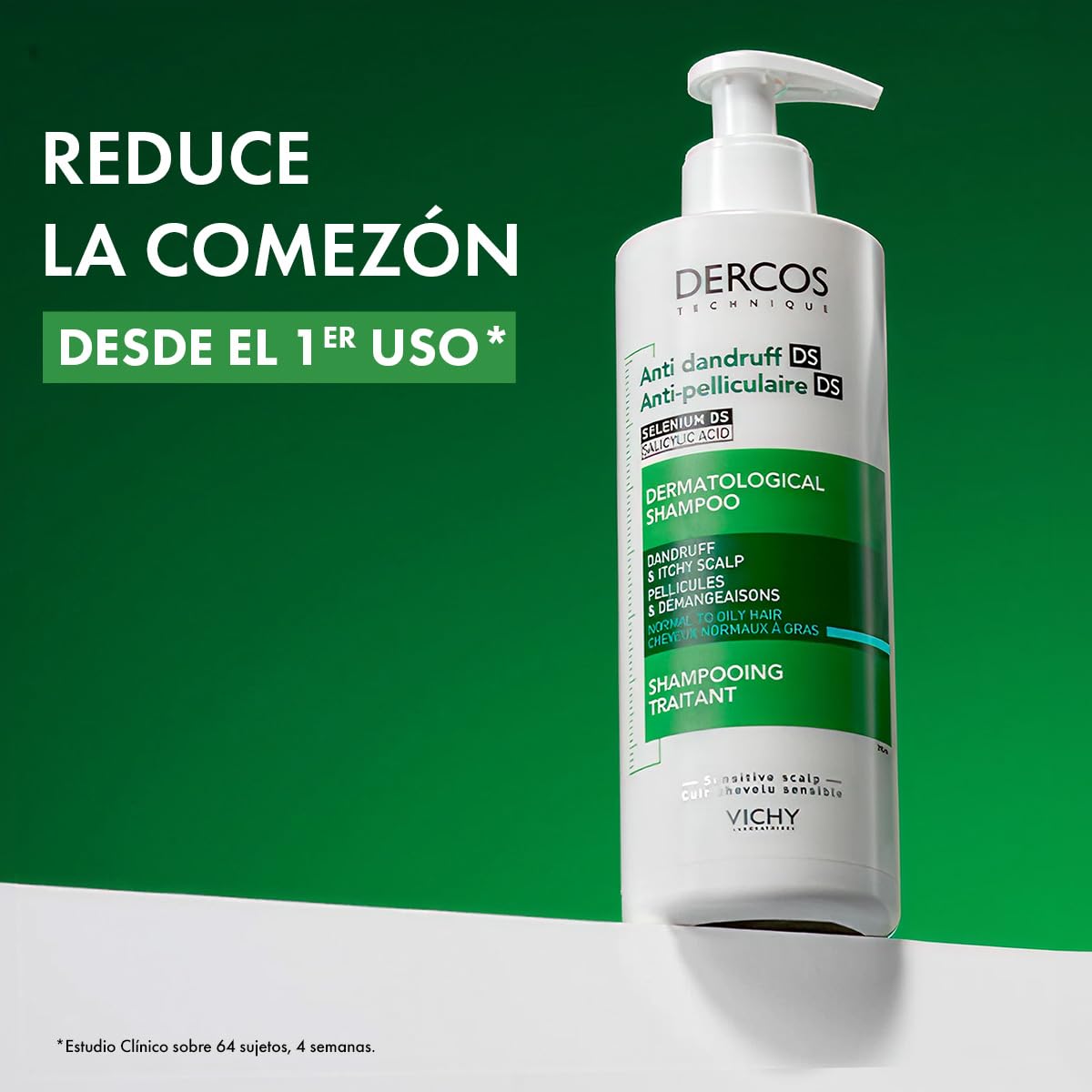 Vichy Dercos Shampoo Dermatológico Anti-Caspa Cabello Normal a Graso 390ml | Elimina 100% de Caspa Visible y su Reaparición, Reduce Comezón desde 1er Uso, con Ácido Salicílico y Selenio DS