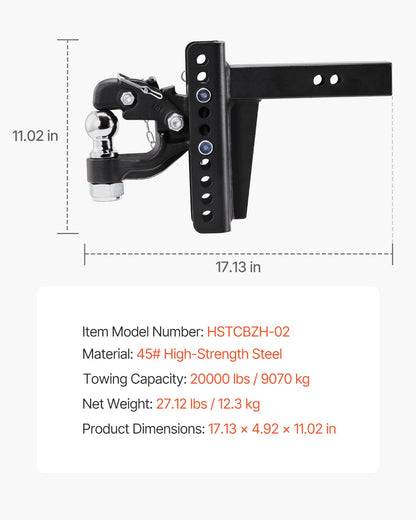 VEVOR Gancho de Enganche Ajustable de 9070 kg para Receptor de 2" Bola de Enganche Combinada de 2-5/16", se Adapta a Anillos de Luneta de 2,5"-3", Caída de 6 Pulgadas, Revestimiento de Polvo Negro