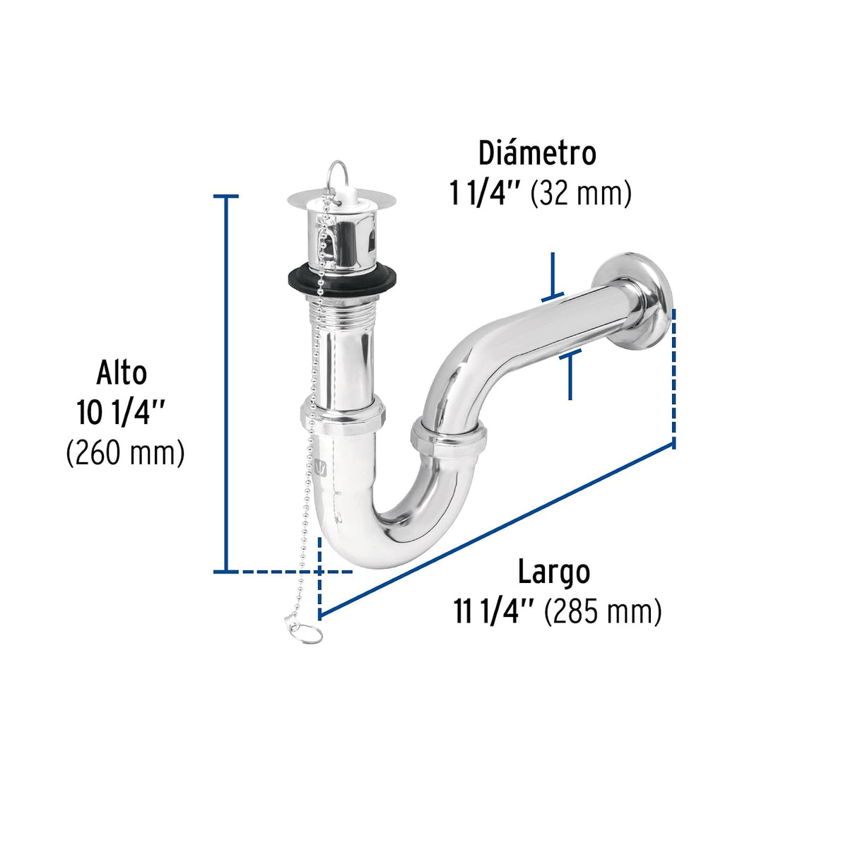 Foset CE-207, Céspol p/lavabo latón c/contra, tapón y cadena, cromo, 1-1/4"