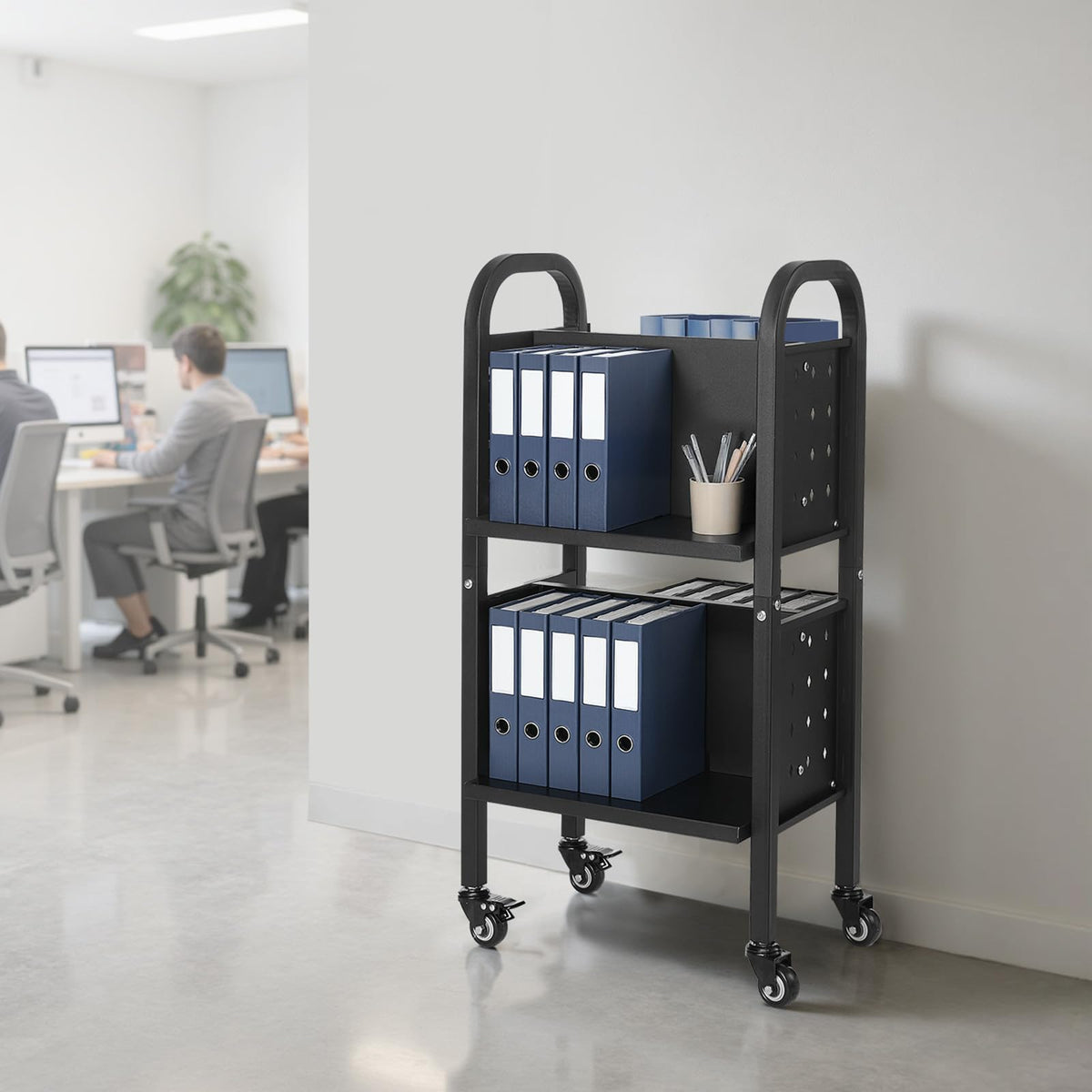 VEVOR Carro para Libros de 2 Niveles Estantería de Libros con Ruedas 45 x 33 x 88 cm Estante de Almacenamiento en Forma de L Doble Caro Carro Rodante para , Oficina, Escuela, Negro