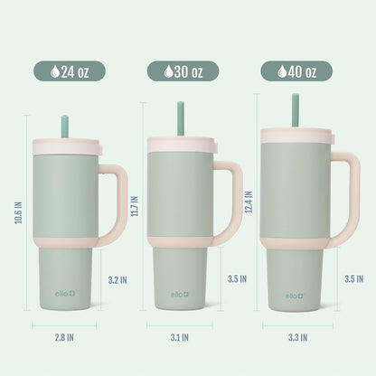 Ello Oasis - Vaso de 24 onzas con mango y popote retráctil, taza de acero inoxidable aislada reutilizable 100% a prueba de fugas, regalos para adolescentes, mujeres y hombres, mantiene el frío durante