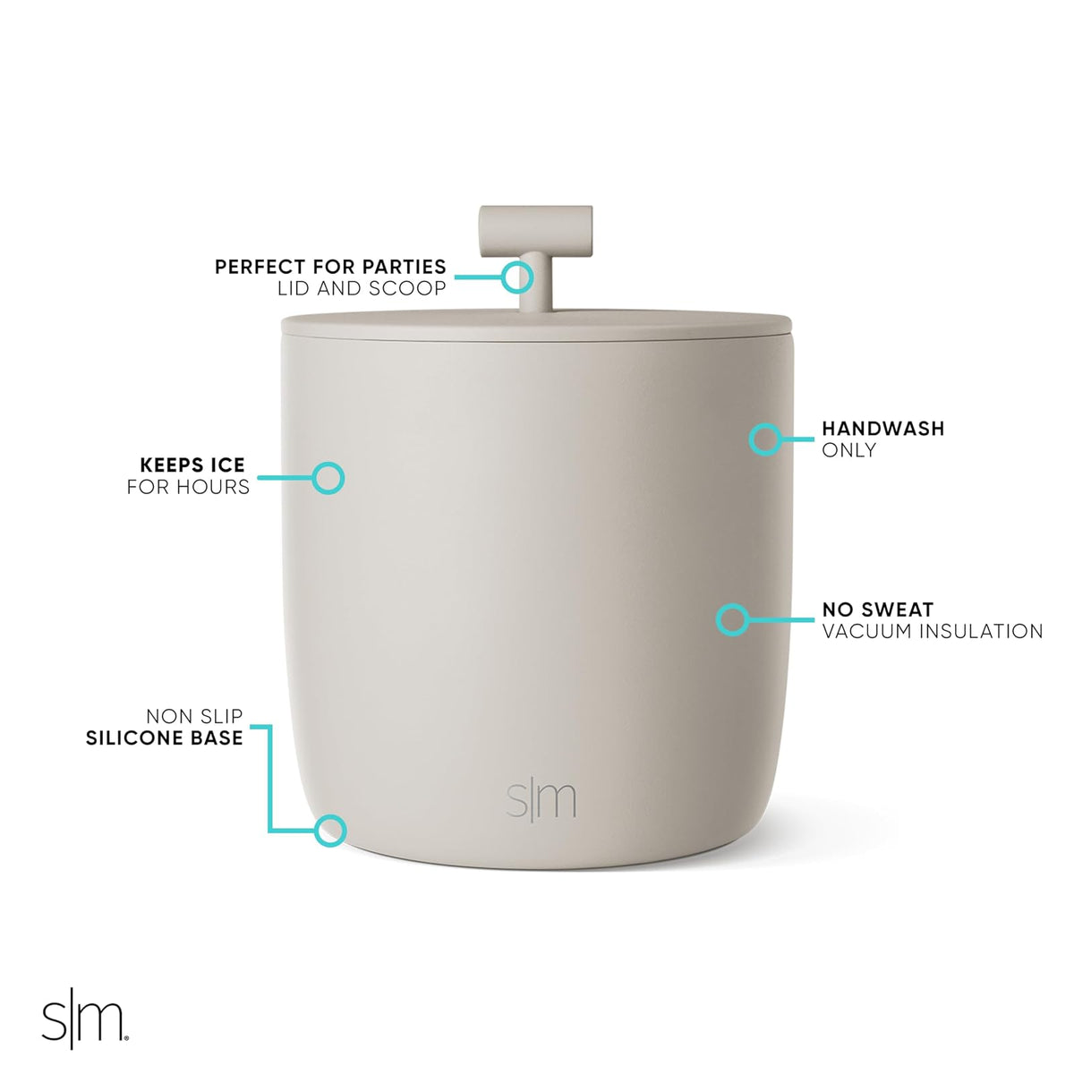 Simple Modern Aislamiento al Vacío Cubeta de Hielo con Tapa y Cucharón | Para Cócteles, Champán, Vino, Cerveza y Eventos | Rocks Colección| 3L | Almond Birch