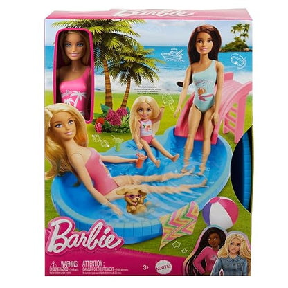 Barbie, Set de Juego Alberca Glam con Muñeca, para Niñas de 3 Años en Adelante, Mattel, Tarde de Verano Perfecta, Piscina para llenar con Agua de Verdad