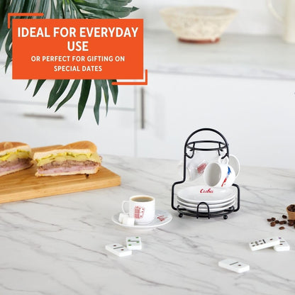 IMUSA Juego de 8 tazas de expreso de Cuba con platillos y estante de 1.5 oz