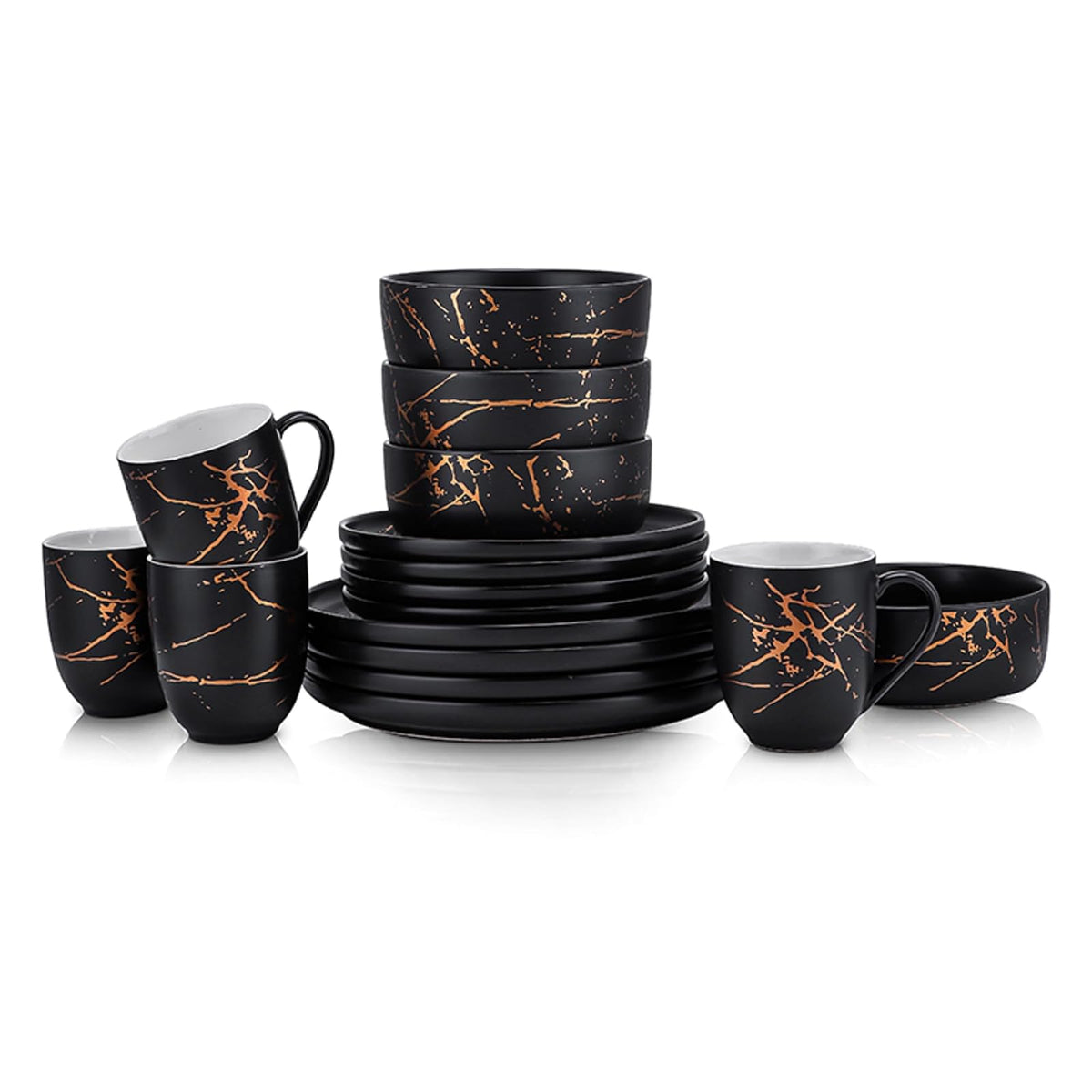 Stone Lain Modern Gold Splash Exquisito juego de vajilla de porcelana fina, 16 piezas, servicio para 4, negro y dorado