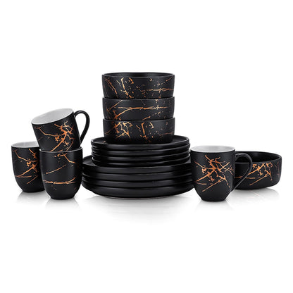 Stone Lain Modern Gold Splash Exquisito juego de vajilla de porcelana fina, 16 piezas, servicio para 4, negro y dorado