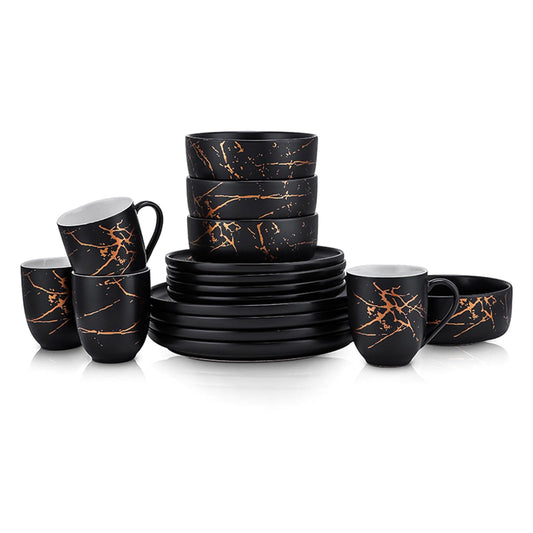 Stone Lain Modern Gold Splash Exquisito juego de vajilla de porcelana fina, 16 piezas, servicio para 4, negro y dorado