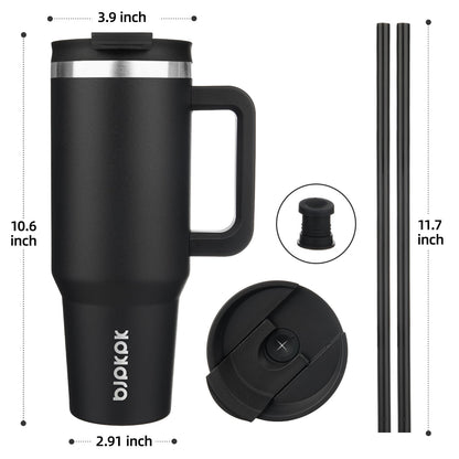 BJPKPK - Vaso aislado de 1,134 g con mango y popote, acero inoxidable | Aislamiento al aspiradora de doble pared, a prueba de fugas, última intervensión de BPA, apto para lavaplatos