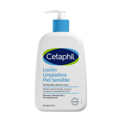Cetaphil Loción Limpiadora Facial Corporal Piel Sensible y Seca 473 ml | Limpia e hidrata hasta 48 h, remueve maquillaje e impurezas, preserva humectación con niacinamida B3, pantenol y glicerina.
