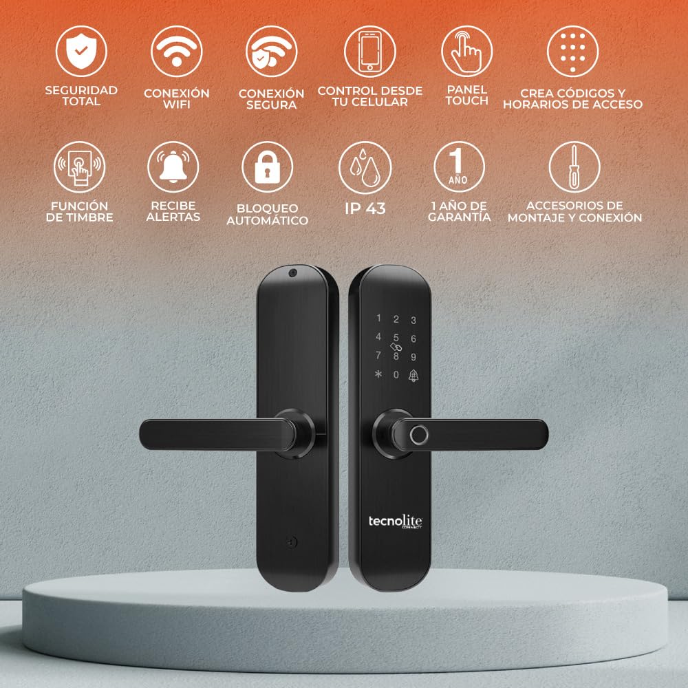 Tecnolite Connect - Cerradura Inteligente WiFi, 5 Métodos Apertura: Huella, Llave, Tarjeta RIFD y Contraseña, Acceso App Móvil, Protección IP43, Panel Touch Iluminado