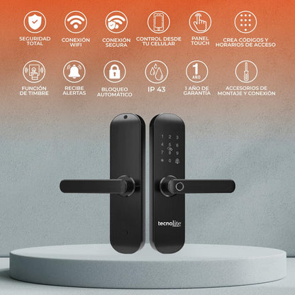 Tecnolite Connect - Cerradura Inteligente WiFi, 5 Métodos Apertura: Huella, Llave, Tarjeta RIFD y Contraseña, Acceso App Móvil, Protección IP43, Panel Touch Iluminado