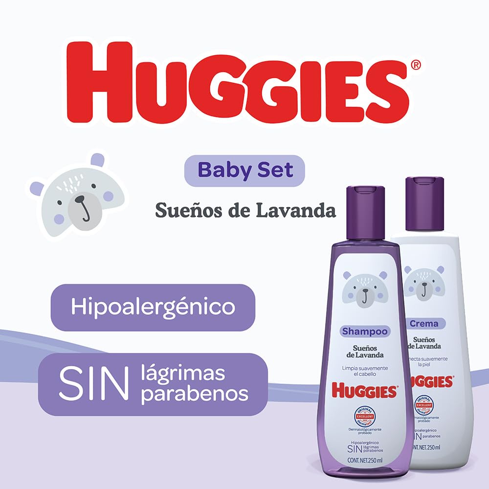 HUGGIES Baby Set Sueños de Lavanda, Caja con 1 Paquete de Huggies UltraConfort RN-1 de 44 pzs, 2 Paquetes Toallitas Húmedas Humectante 80’s, 1 Crema HUGGIES Lavanda 250ml y 1 Shampoo Lavanda 250ml