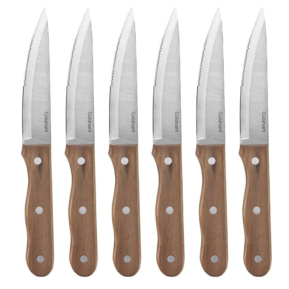 Cuisinart Juego Cuchillos para Carne de acero 6 Piezas Mango Madera Nogal | Cuchillos acero inoxidable con bordes de sierra. Perfecto para cortar filetes y aves con precisión. Mango de madera nogal.