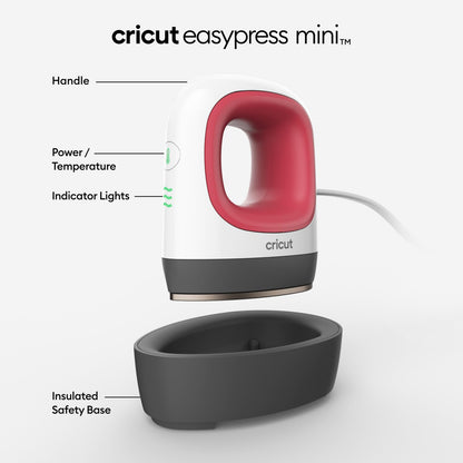 Cricut EasyPress Mini Prensa de Calor para Objetos Pequeños como Zapatos, Peluches, Gorras y Más, 3 Configuraciones de Calor y Punta de Precisión, Placa de Calor Recubierta de Cerámica, Raspberry