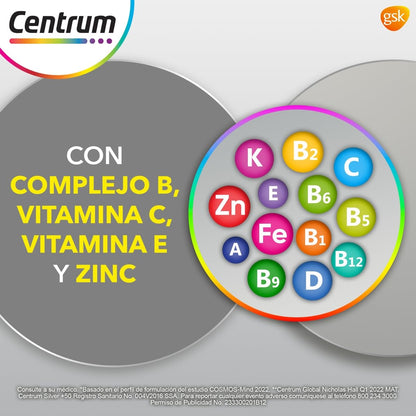 Centrum Multivitamínico Silver +50 con Magnesio, Vitamina C, Calcio, Potasio y Zinc, 100 Tabletas