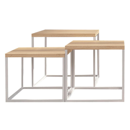 TUGOW Alterego Set de 3 Mesas de Centro Fabián de Distintos Tamaños Color Blanco y Madera con Tapa de Madera Industrial y Estructura de Acero