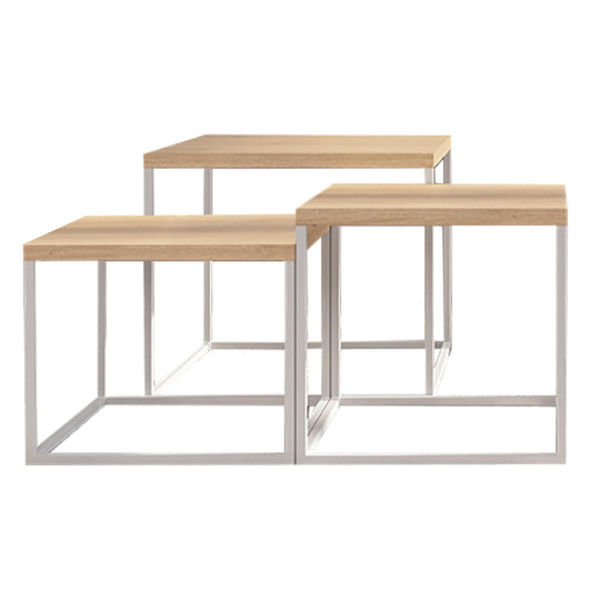 TUGOW Alterego Set de 3 Mesas de Centro Fabián de Distintos Tamaños Color Blanco y Madera con Tapa de Madera Industrial y Estructura de Acero