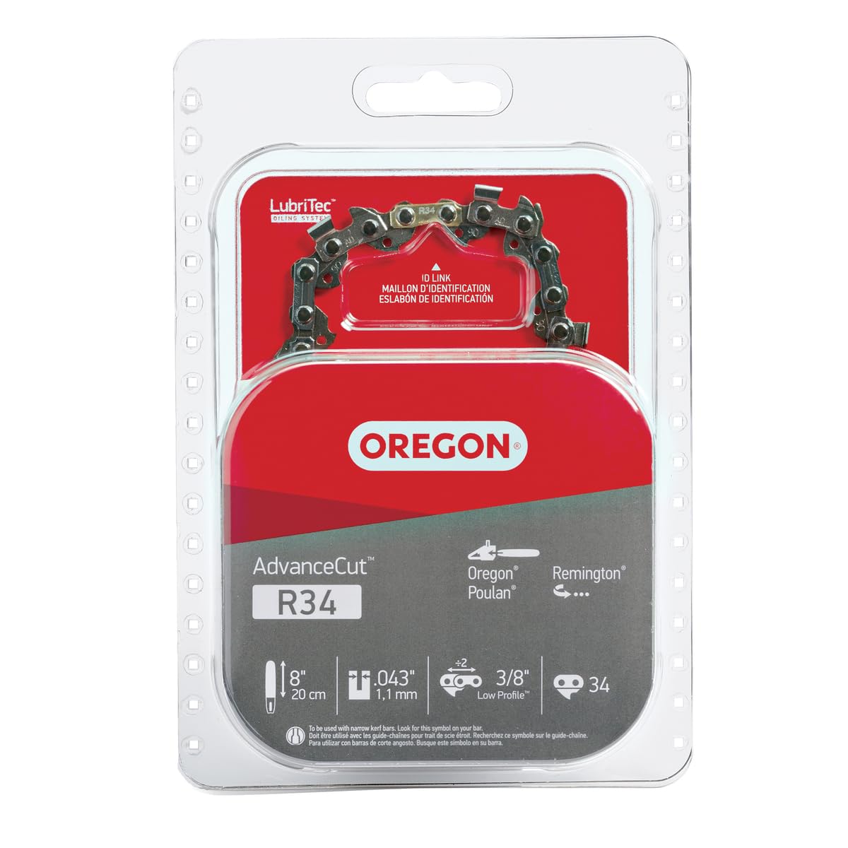 Oregon AdvanceCut R34 Cadena de Motosierra | 34 eslabones de accionamiento, paso 3/8 pulgadas, perfil bajo, calibre 0.043 pulgadas, para barras guía de 8 pulgadas