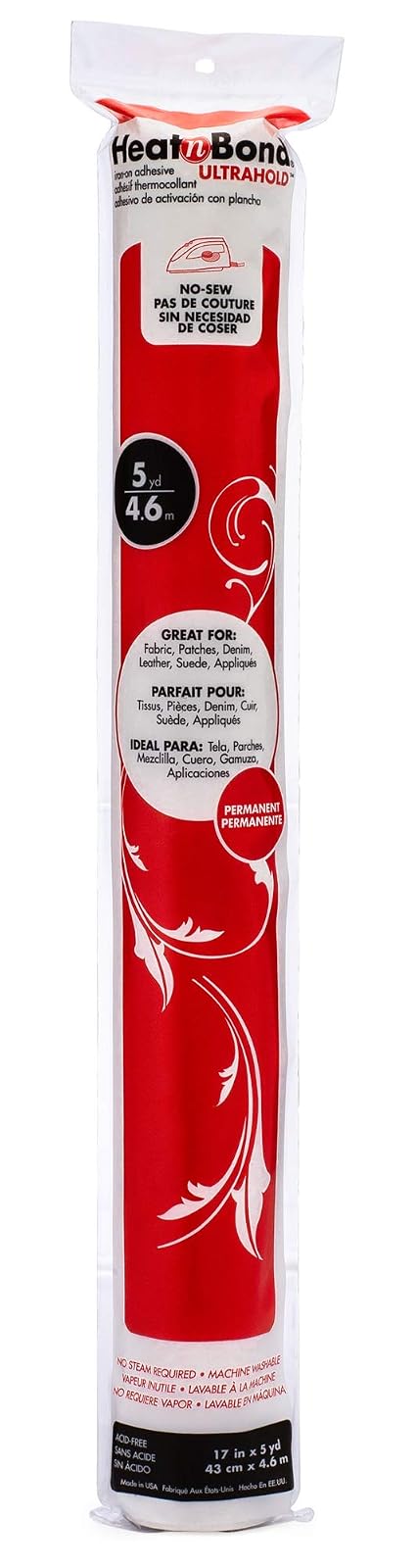 HeatnBond UltraHold - Paquete de adhesivos termoadhesivos para planchar, 17 pulgadas x 5 yardas, color blanco
