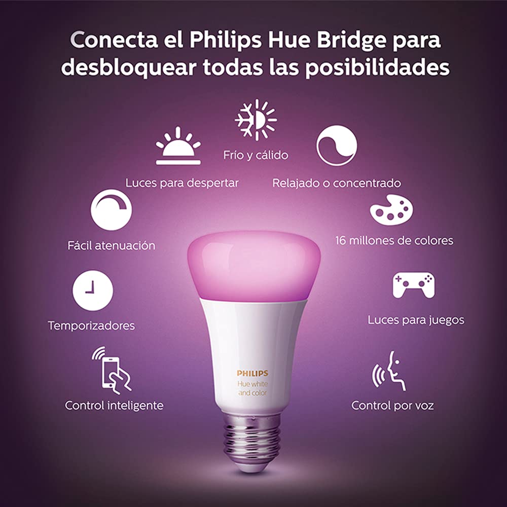 Focos Philips Hue Luz Multicolor 4 Focos A19 + Hue Bridge - Compatible con Alexa + Foco Filamento regulable tipo A19 decorativo Wifi - Compatible con Alexa