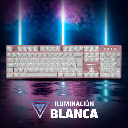 Game Factor KBG400-PK-BL Teclado Mecánico Gamer Rosa con Retroiluminación Blanca Estructura Metálica Antighosting Switch Blue