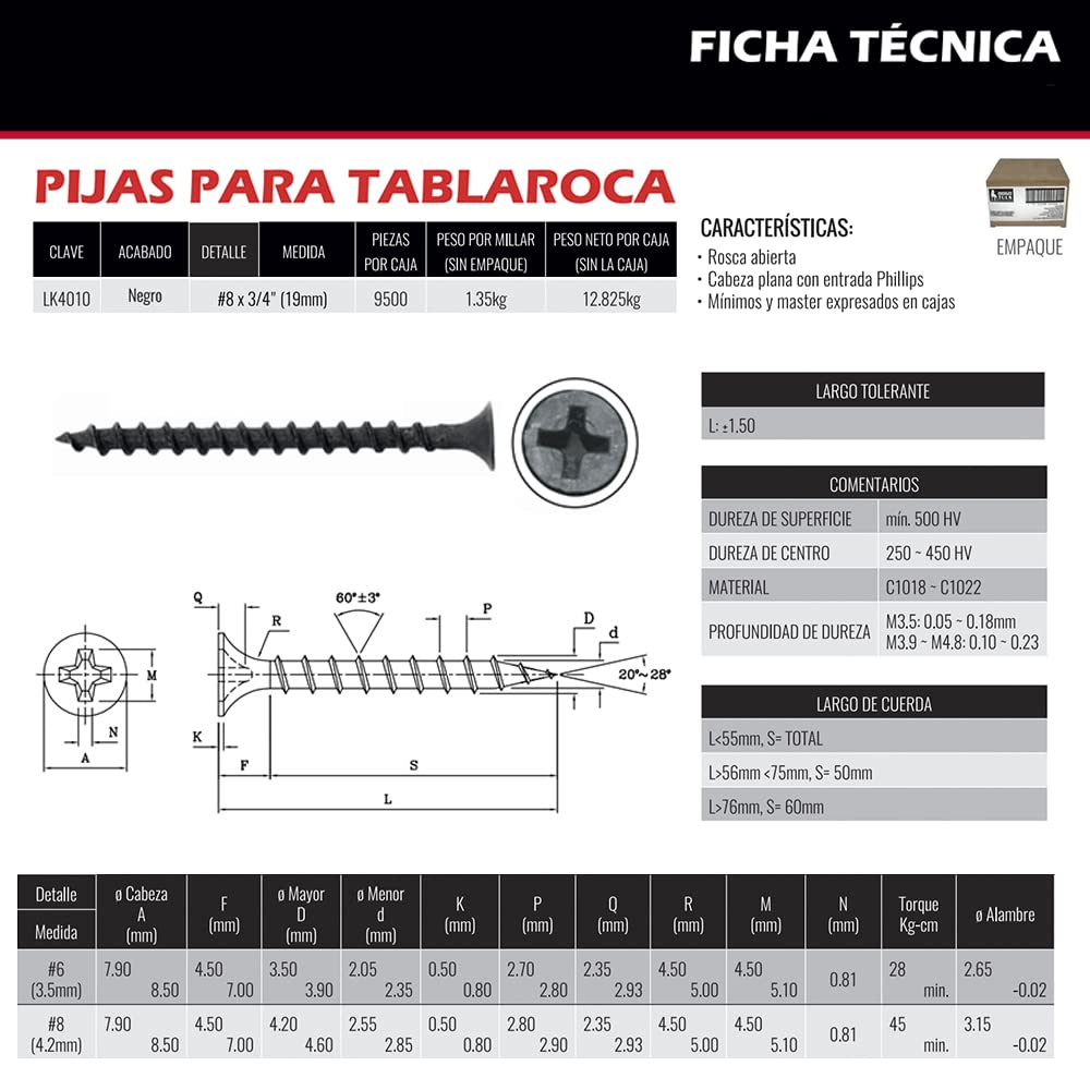 Dogotuls LK4010 Pija Tablaroca Abierta, 8 x 3/4", 9500 Piezas