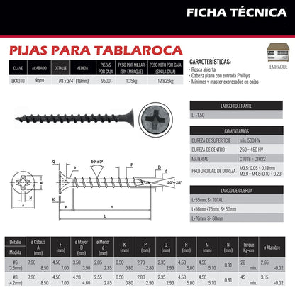 Dogotuls LK4010 Pija Tablaroca Abierta, 8 x 3/4", 9500 Piezas