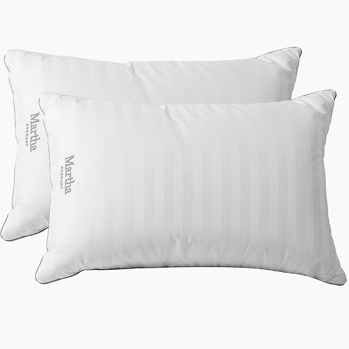 Martha Stewart - Juego de 2 Plumas Suaves Medianas 100% algodón, 500 Hilos, diseño de Rayas Damasco Bordadas