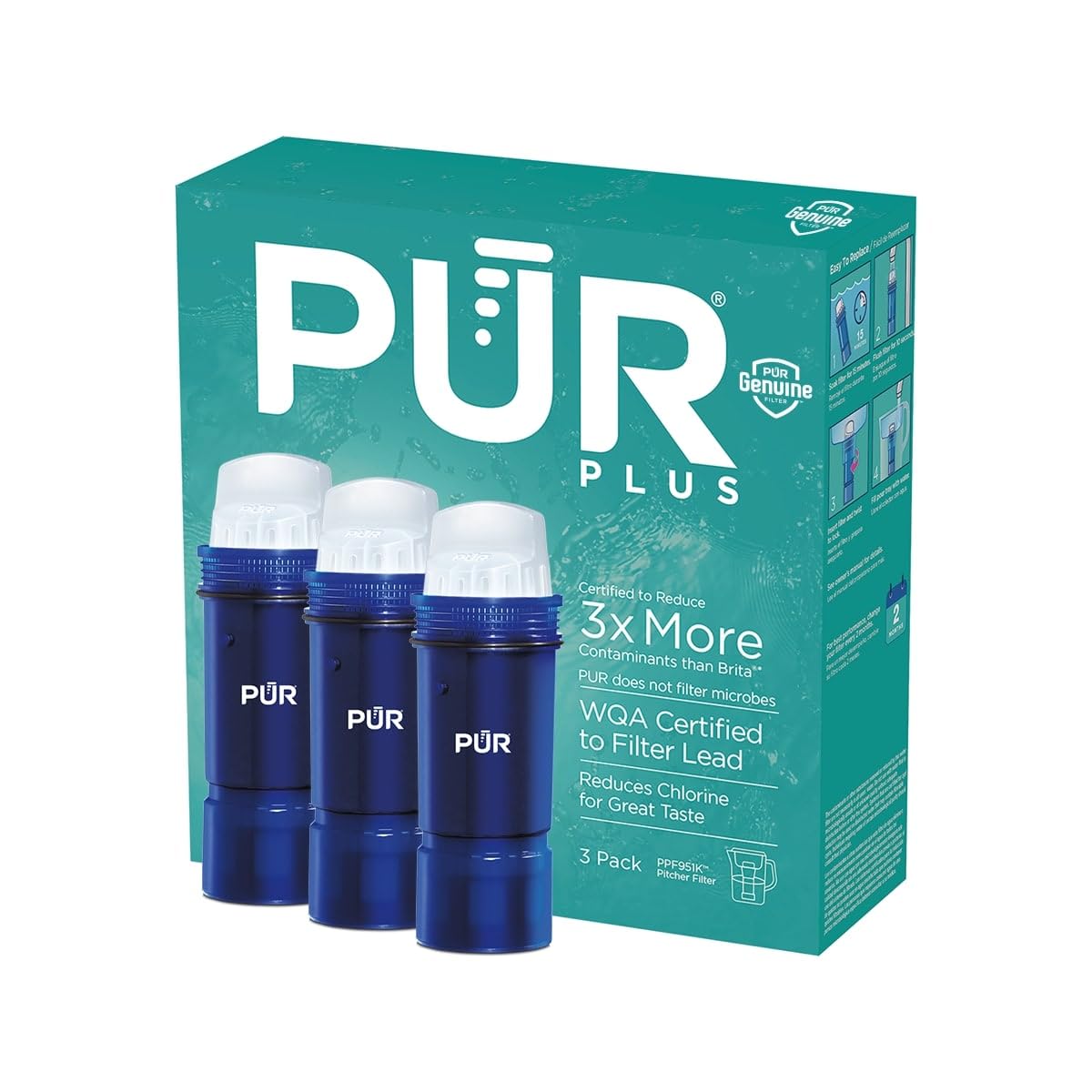 PUR Filtro de Repuesto para Jarra de Agua, 2 Etapas - Azul - 3 Unidad (Paquete de 1) - Lead-Reducing