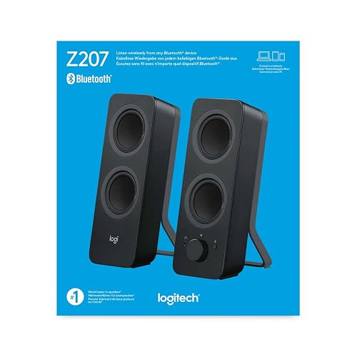 Logitech Z207 Sistema de Bocinas Bluetooth para PC, Sonido Estéreo, 10W de Pico, Entrada Audio 3.5 mm, Toma Auriculares, Multidispositivos, Computadora/TV/Smartphone/Tablet - Negro