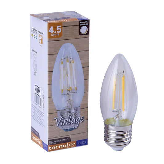 Tecnolite - Foco Vela C27 LED Filamento 4.5 W, Luz Cálida Brillante, Base E27, Atenuable