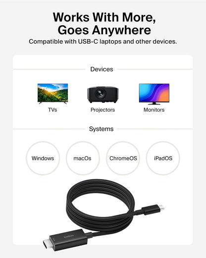 Belkin USB Type C to HDMI 2.1 Cable, 6.6FT/2M Cable with 8K@60Hz, 4K@144Hz, HDR, HBR3, DSC, HDCP 2.2, Works with Chromebook Certified, Compatible with MacBook, iPad Pro and Other USB C Devices