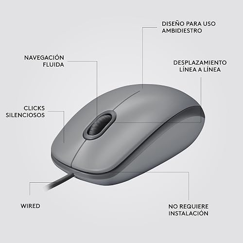 Logitech M110 Silent, Mouse óptico con Cable, Confortable Mouse ambidiestro de tamaño Normal para computadora con Click Discreto para Laptop, Notebook, PC y Mac, conectividad USB-A - Gris