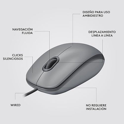 Logitech M110 Silent, Mouse óptico con Cable, Confortable Mouse ambidiestro de tamaño Normal para computadora con Click Discreto para Laptop, Notebook, PC y Mac, conectividad USB-A - Gris