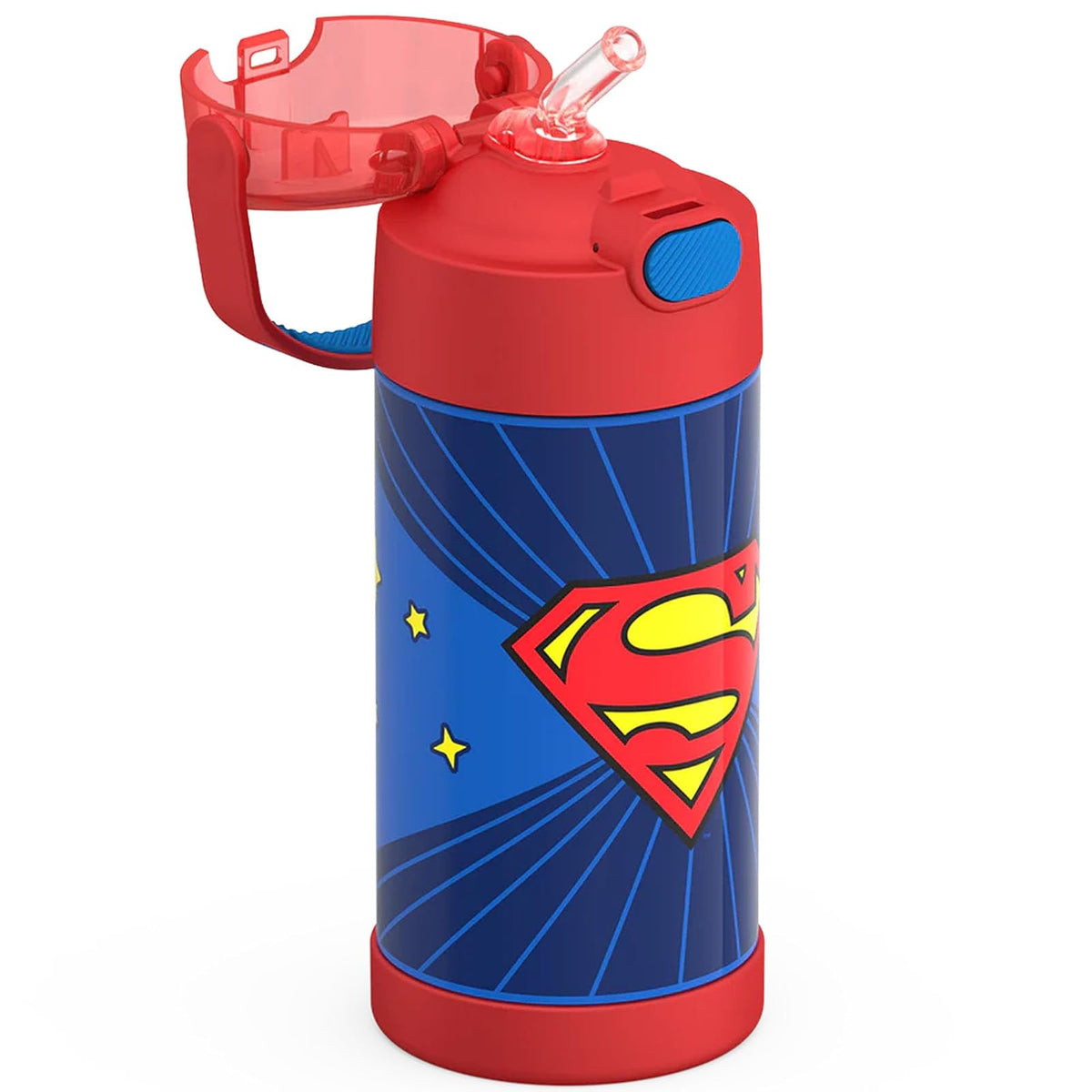 THERMOS FUNTAINER - Botella de agua con popote, 12 onzas, botella de agua aislada al aspiradora para niños, de acero inoxidable con tapa, Superman