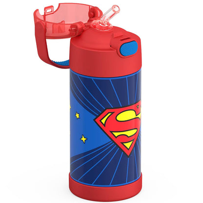 THERMOS FUNTAINER - Botella de agua con popote, 12 onzas, botella de agua aislada al aspiradora para niños, de acero inoxidable con tapa, Superman