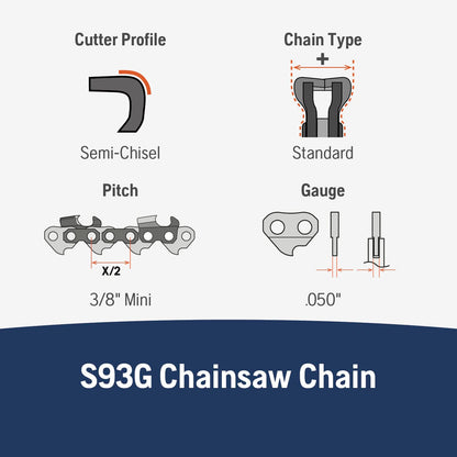 Husqvarna X-Cut S93G Cadena de motosierra de 14 pulgadas, mini paso de 3/8 pulgadas, calibre de 0.50 pulgadas, reemplazo de hoja de motosierra de 52 eslabones de transmisión, preestirado y bajo