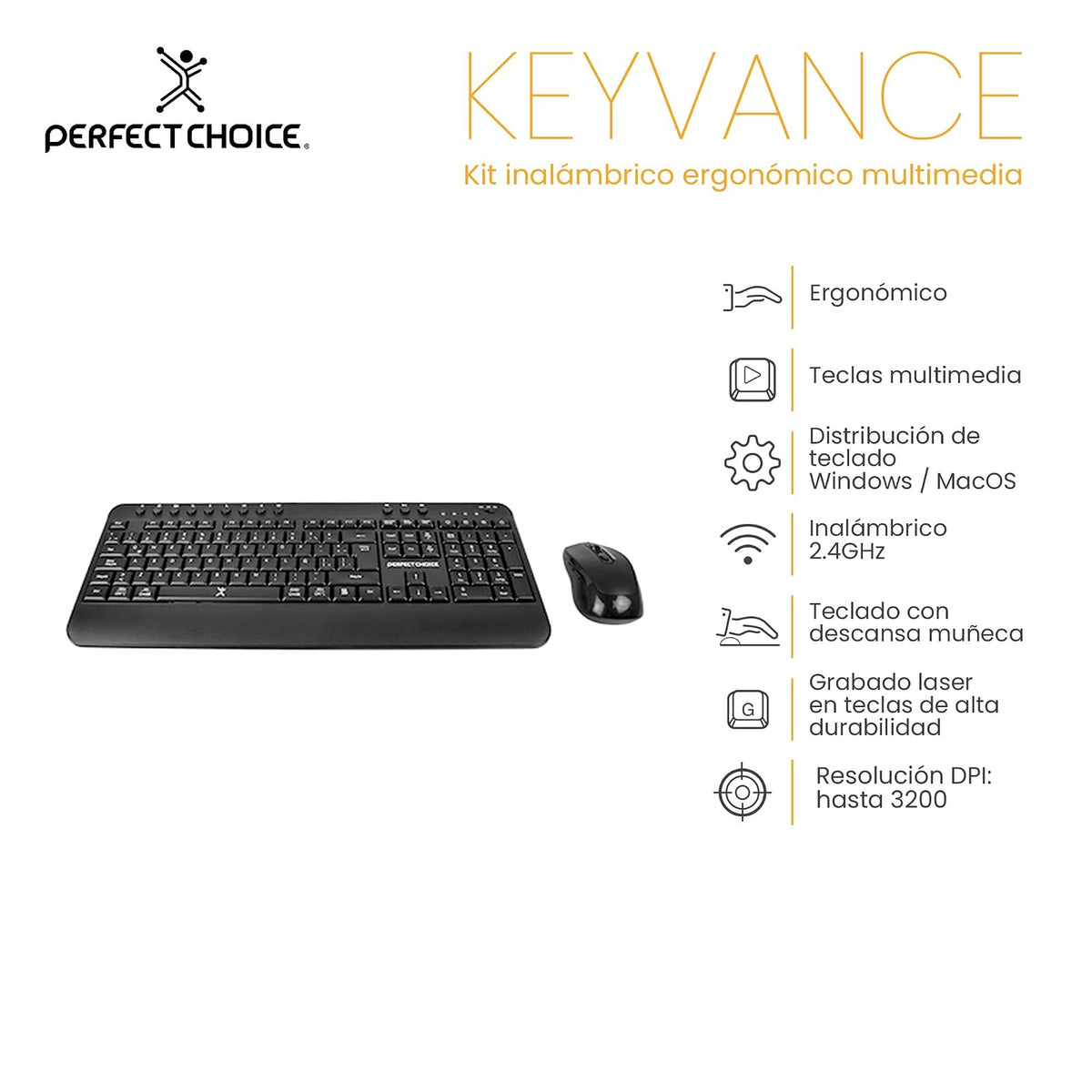 PERFECTCHOICE Kit de Teclado y Mouse Inalámbrico Bluetooth Teclas Multimedia 2.4GHz PC-201434 Keyvance
