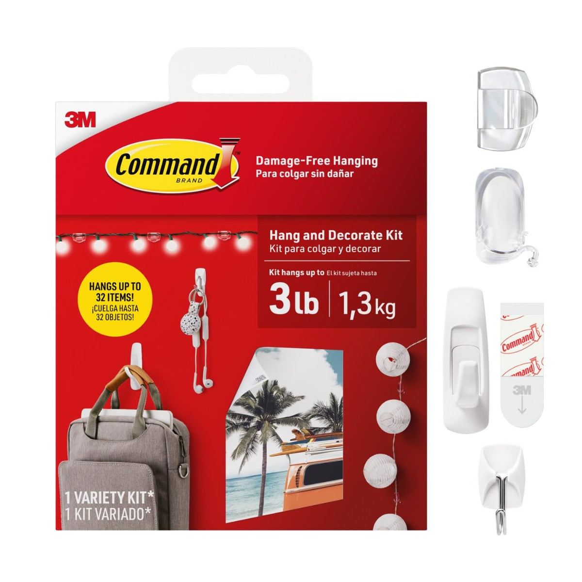 Command - Kit de colgar y decorar, 6 ganchos pequeños, 2 ganchos medianos de utilidad, 4 clips de cable mediano, 10 clips de luz y 20 tiras de póster, esenciales para habitación de recámara
