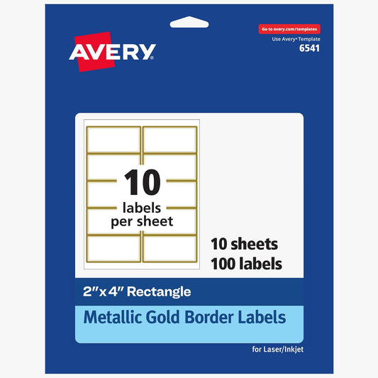 Avery 6541 Etiquetas rectangulares imprimibles, etiquetas en blanco de 2 x 4 pulgadas, envío, blanco mate, borde dorado metálico, calcomanía permanente, impresión láser/inyección de tinta, 100 en