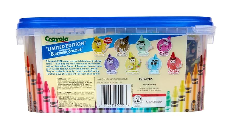 Crayola - Tina de lápices de colores de edición limitada (288 quilates), lápices de colores a granel para niños, suministros de arte para el aula para preescolar y jardín de infantes, esenciales para