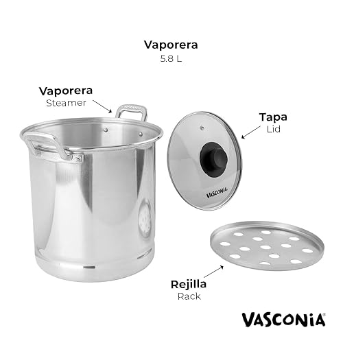 Vasconia | Vaporera 7 Litros Aluminio con Tapa de Vidrio y Rejilla 22cm | 100% aluminio, asas remachadas, pomo baquelita, calor uniforme, ahorro gas, certificado NOM, gran capacidad, cocina saludable