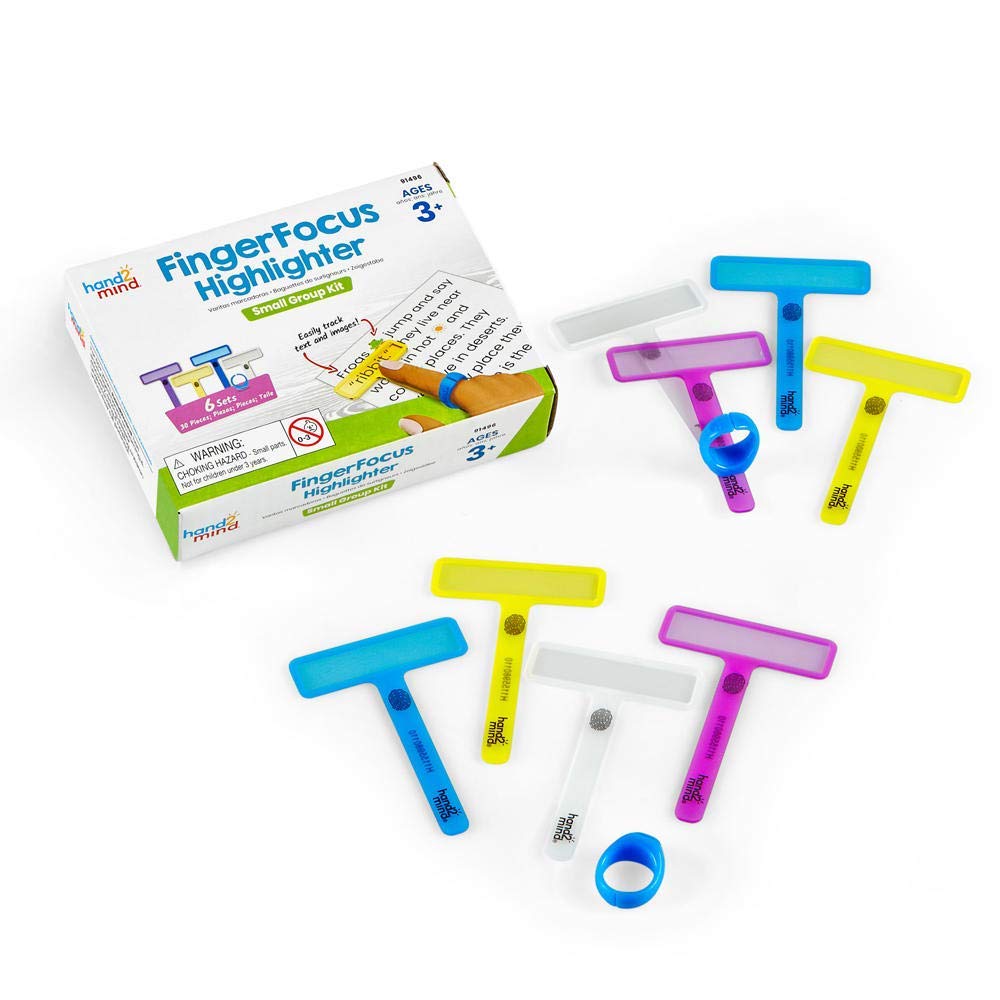 hand2mind 91496 - Marcadores de dedo para grupos pequeños, tiras de lectura guiadas, herramienta de lectura para niños y dislexia, a partir de 3 años (6 anillos extraíbles y 24 varas)