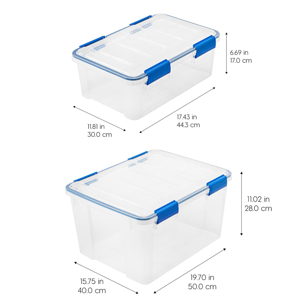 IRIS USA 4 Contenedores Combo 26.5/44 Qt con Tapa Hermética, Claro/Azul | El sello WeatherPro ayuda a bloquear polvo y humedad. Varios tamaños organizan cada espacio con confianza.