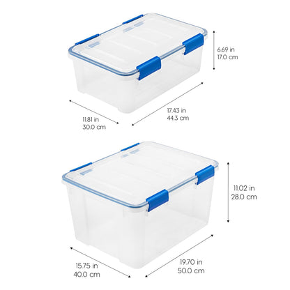 IRIS USA 4 Contenedores Combo 26.5/44 Qt con Tapa Hermética, Claro/Azul | El sello WeatherPro ayuda a bloquear polvo y humedad. Varios tamaños organizan cada espacio con confianza.