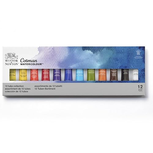 Winsor & Newton Cotman Water Coulours™ Caja de bolsillo esbozo, pinturas de lujo, juego de 16, media pastillas, Set de 12 tubos, 1