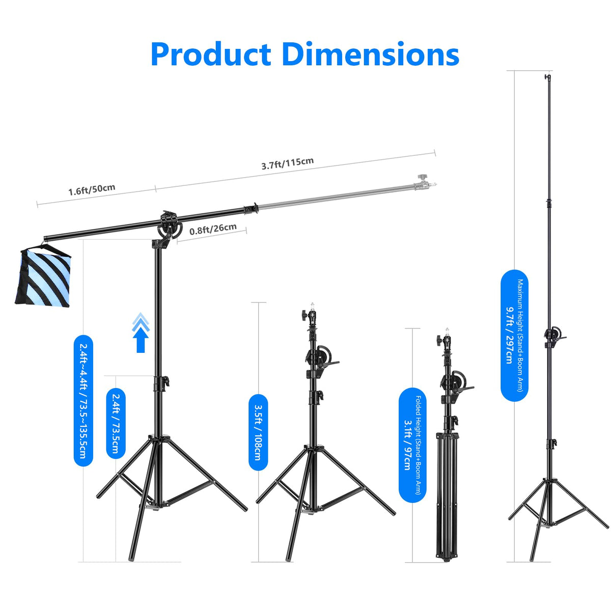 NEEWER Soporte de Luz Fotografía 2 en 1, Soporte de Trípode Resistente de Aleación de Aluminio de 9,7 Pies con Brazo de Pluma de 3,8 Pies y Bolsa de Arena Vacía para Luz de Video