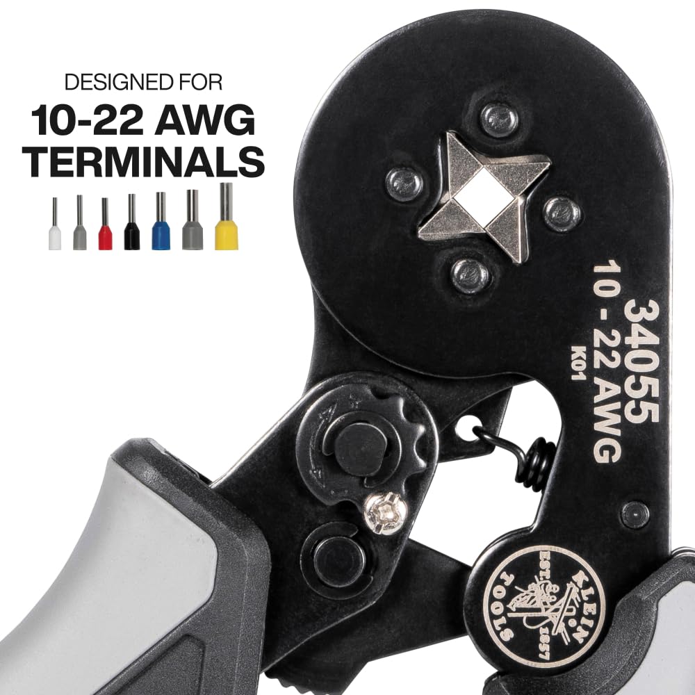 Klein Tools 34060 Juego de herramientas de prensado de virola con alicates cuadrados de carraca, 1200 terminales de cable (10-22 AWG) y estuche de transporte suave para aplicaciones eléctricas